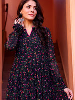 Thumbnail for Kalini Floral Printed Round Neck Long Sleeves Georgette Anarkali Kurta - Distacart