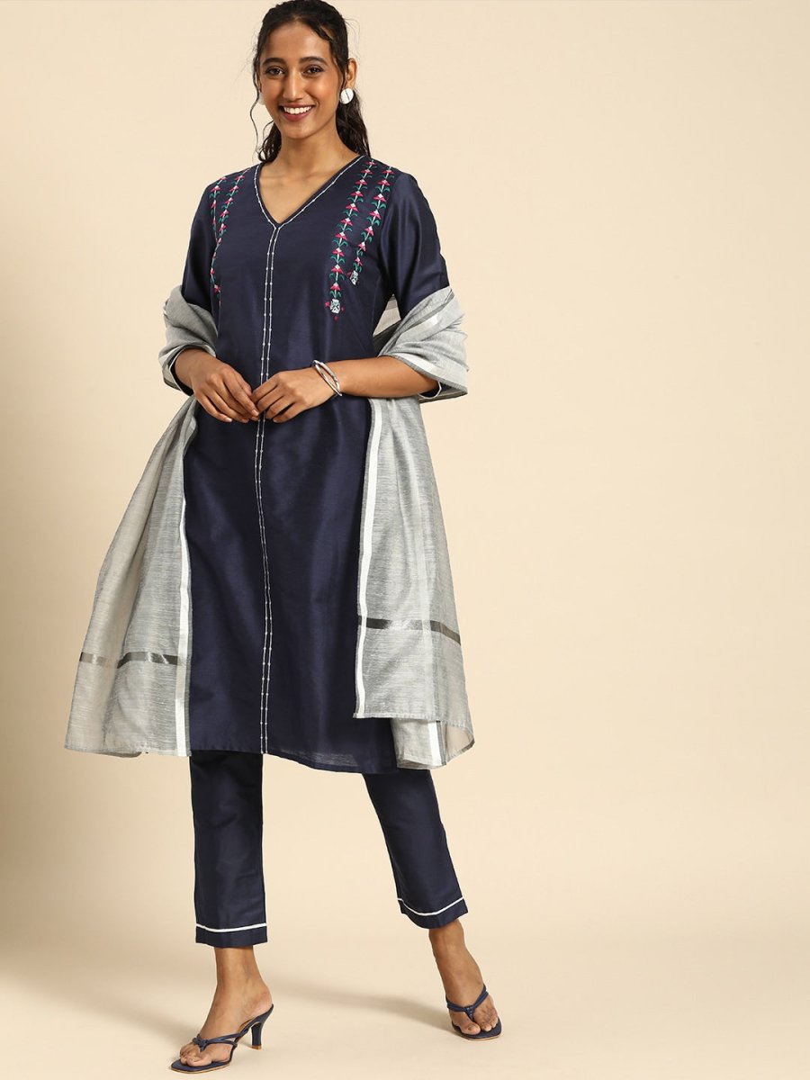 All About You Women Navy Blue Embroidered Regular Thread Work Kurta with Trousers - Distacart
