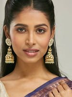Thumbnail for Nuyug 22K Gold-Plated Kundan Stone Studded & Pearl Beaded Dome Shaped Jhumkas