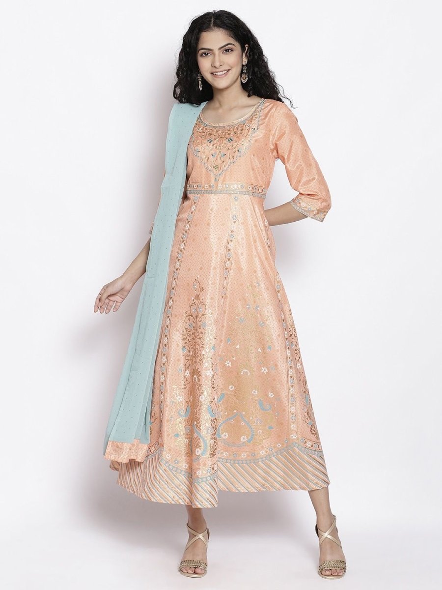 AURELIA Ethnic Motifs Print Round Neck A-Line Maxi Dress With Dupatta - Distacart