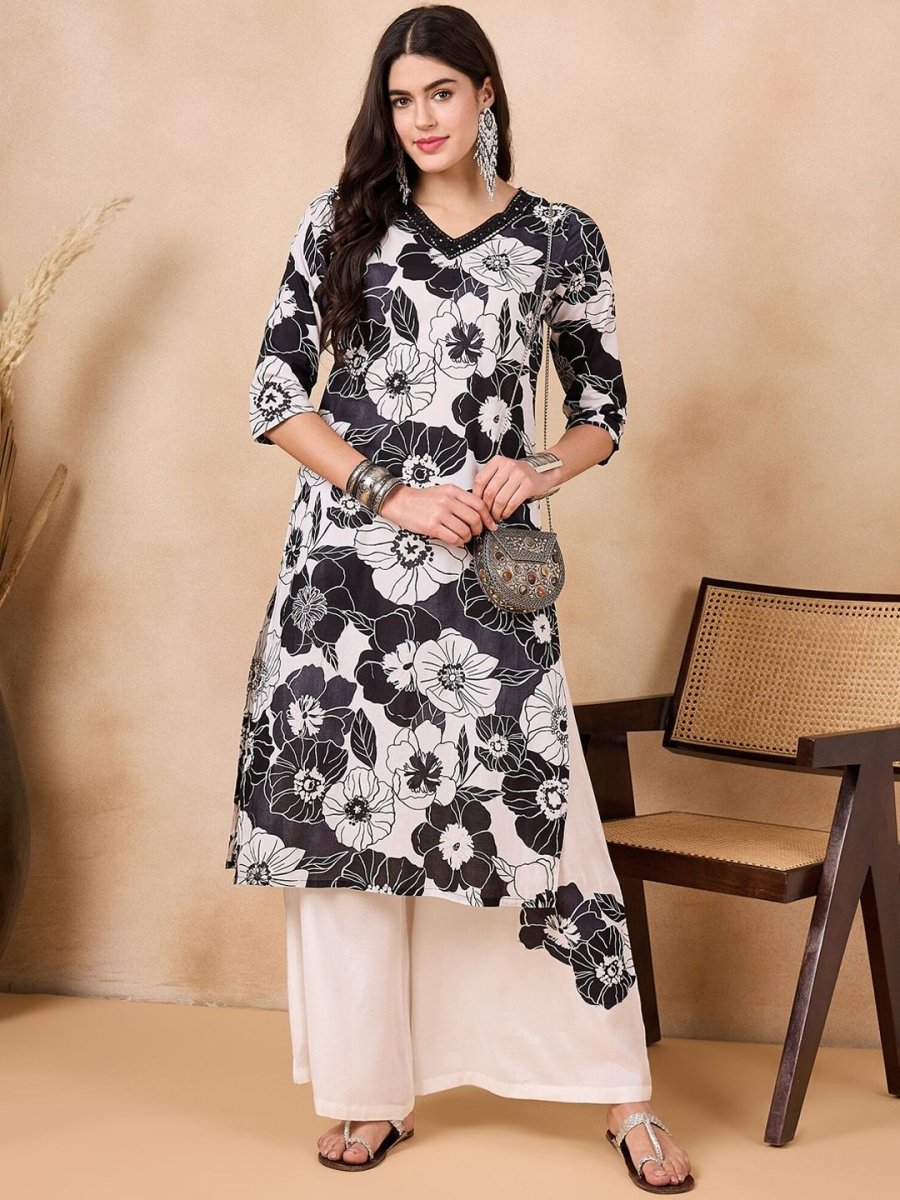 Anouk Floral Printed Regular Mirror Work Pure Cotton Kurta With Palazzos