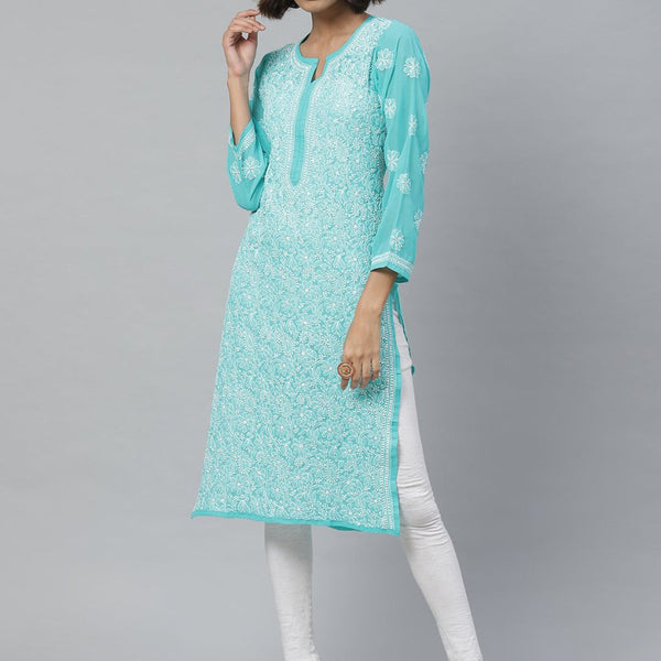ADA Women Sea Green & White Floral Chikankari Embroidered Straight Sustainable Handloom Kurta - Distacart