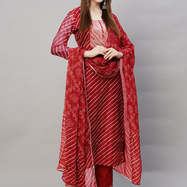 Kalini Leheriya Printed Regular Thread Work Kurta With Trousers & Dupatta - Distacart
