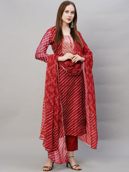 Kalini Leheriya Printed Regular Thread Work Kurta With Trousers & Dupatta - Distacart