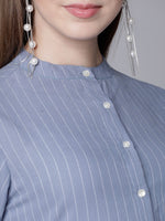 Thumbnail for Vishudh Blue & White Striped High Slit Pure Cotton Straight Kurta with Palazzos - Distacart