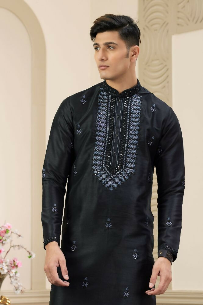 Raivat Ethnic Banarasi Art Silk Thread and Mirror Work Kurta Pajama In Black Colour