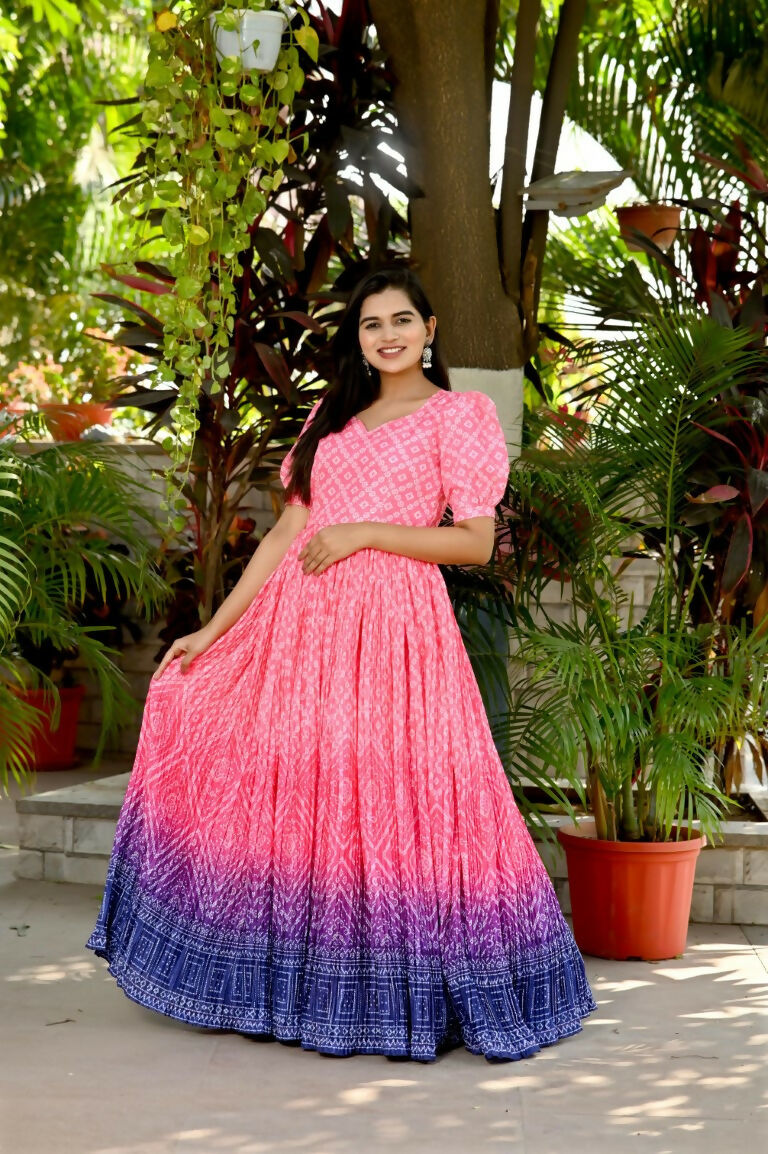 Jyoti Fashion Women's Pink Bandhej Print with Crush Pleating Muslin Anarkali Dress - Distacart