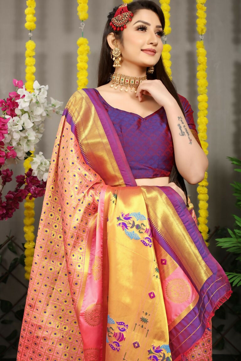 Jyoti Fashion Women's Baby Pink Banarasi Silk Zari Woven Saree with Blouse - Distacart