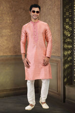 Thumbnail for Raivat Ethnic Jacquard Banarasi Silk Thread Work Kurta Pajama In Dark Pink Colour - Distacart