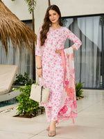 Thumbnail for The52 Pink Women's Beautiful Printed Silk Blend Fabric with Straight Kurta, Pant and Dupatta Set - Distacart