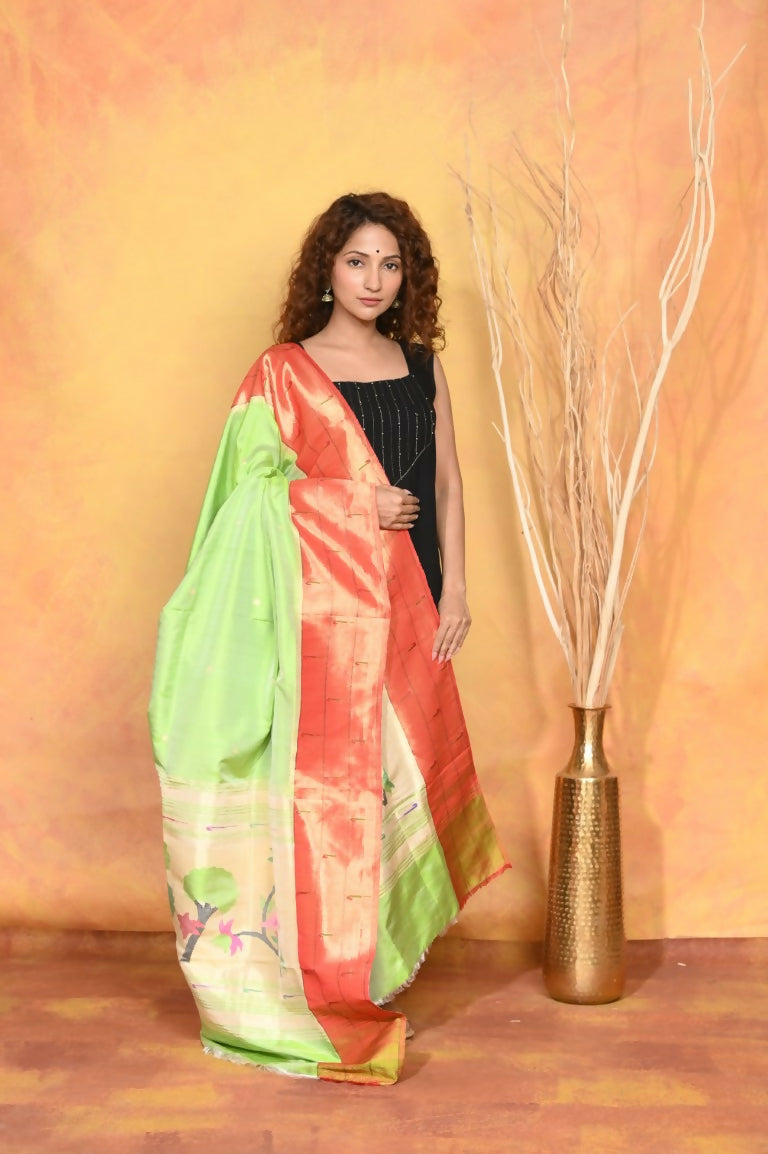 Very Much Indian Handloom Pure Cotton Paithani Dupatta - White - Distacart