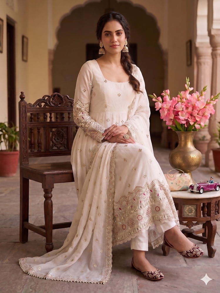Teeya Creation Premium Off-White Designer Anarkali Suit for Wedding - Dista