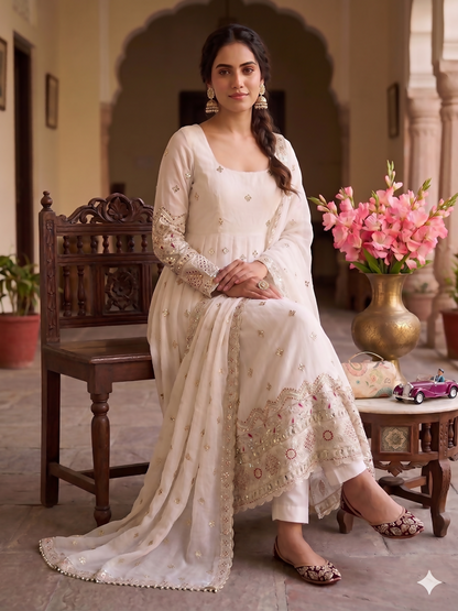 Teeya Creation Premium Off-White Designer Anarkali Suit for Wedding - Dista