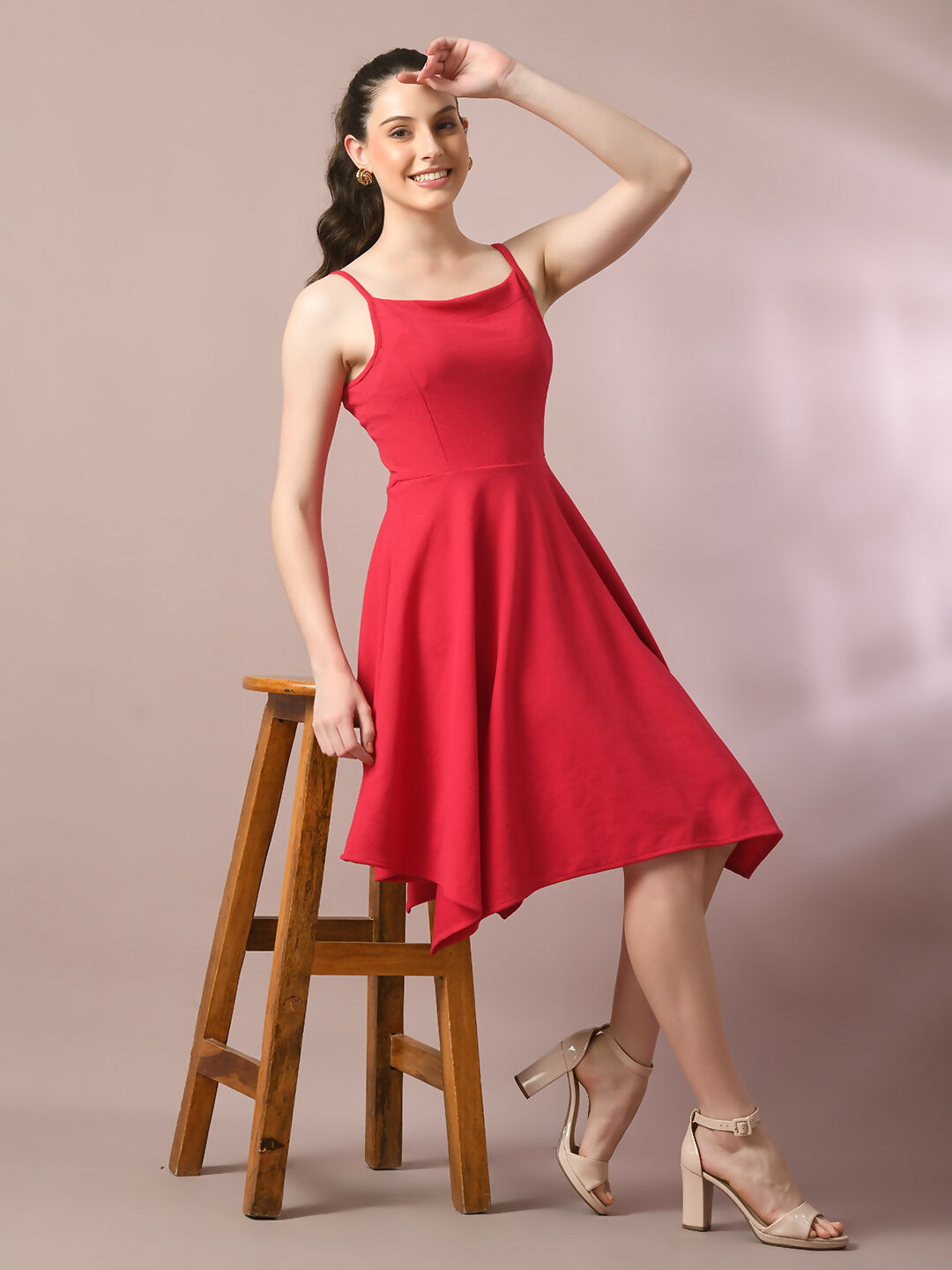 Myshka Women's Pink Solid Shoulder Straps Fit and Flare Party Dress - Distacart