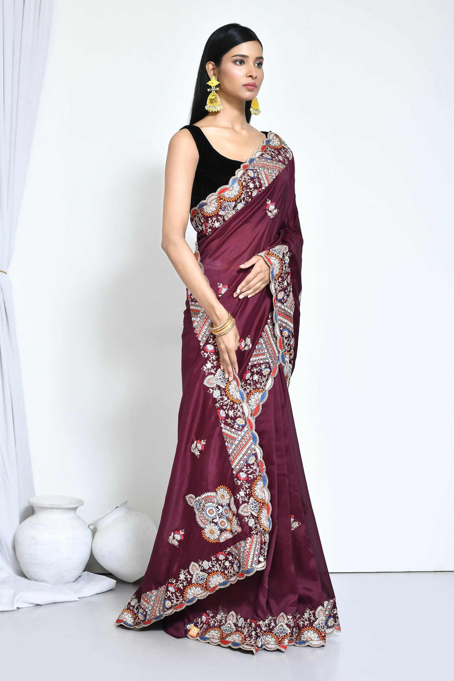 Purple Crepe Silk Sequence Embroidered Saree - Nimaya Benzy - Distacart