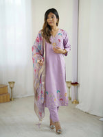 Thumbnail for The52 Lavender Women's Gorgeous Embroidered work Viscose Gadhwal Fabric Straight Kurta, Pant and Dupatta Set - Distacart