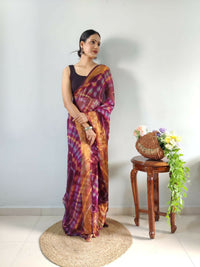 Thumbnail for Malishka Chiffon Printed Ready To Wear Saree With Blouse Piece - Wine - Distacart