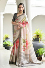 Thumbnail for Vishnu Weaves Women's Grey Satin Silk Printed Saree with Blouse