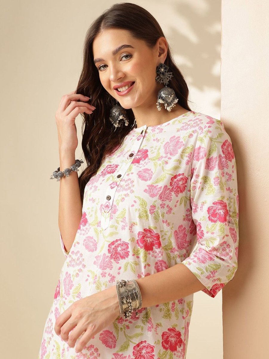 Anouk Floral Printed Round Neck Regular Pure Cotton Kurta With Trouser With Dupatta - Distacart