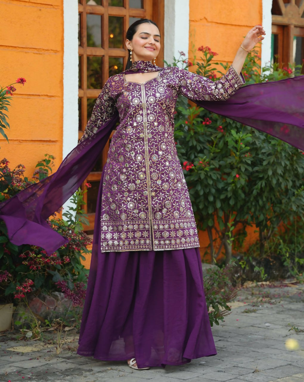 Teeya Creation Wine Color Tapeta Silk Embroidery Work Party Wear Palazzo Set - Distacart