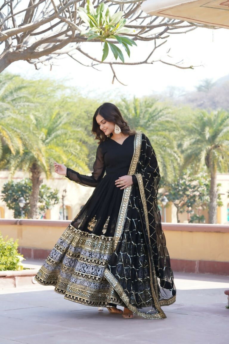 Aastha Fashion Women's Black Faux Georgette Sequins Embroidered Anarkali Dress with Dupatta - Distacart
