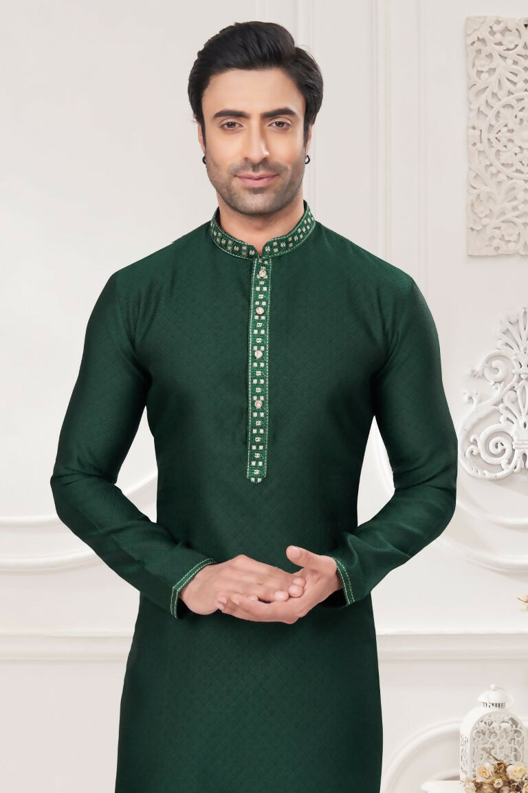 Functional Designer Men's Green Jacquard Kurta With Pant - Rudra - Distacart