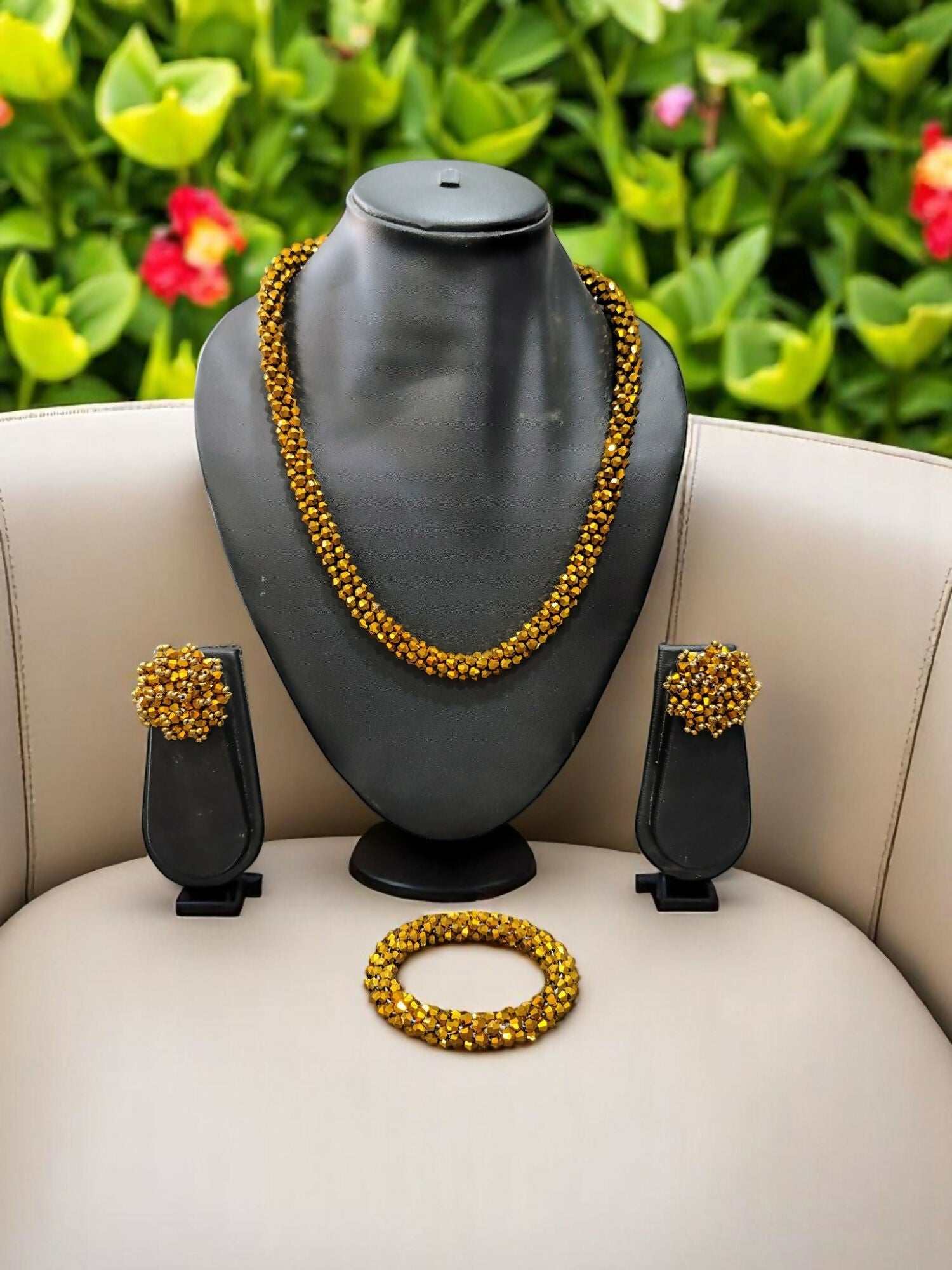 Inhanns Complete Look Crystal Statement 3-Piece Set (Adjustable Necklace + Earrings + Adjustable Bangle ) - Gold - Distacart