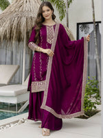 Thumbnail for The52 Wine Beautiful Embroidered Vichitra Silk Fabric Straight Kurta, Palazzo and Dupatta Set - Distacart