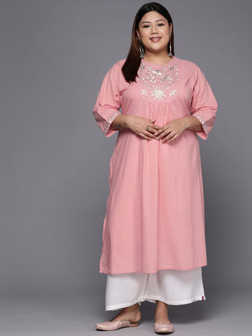 Sztori Plus Size Floral Embroidered Round Neck Cotton Straight Kurta - Distacart