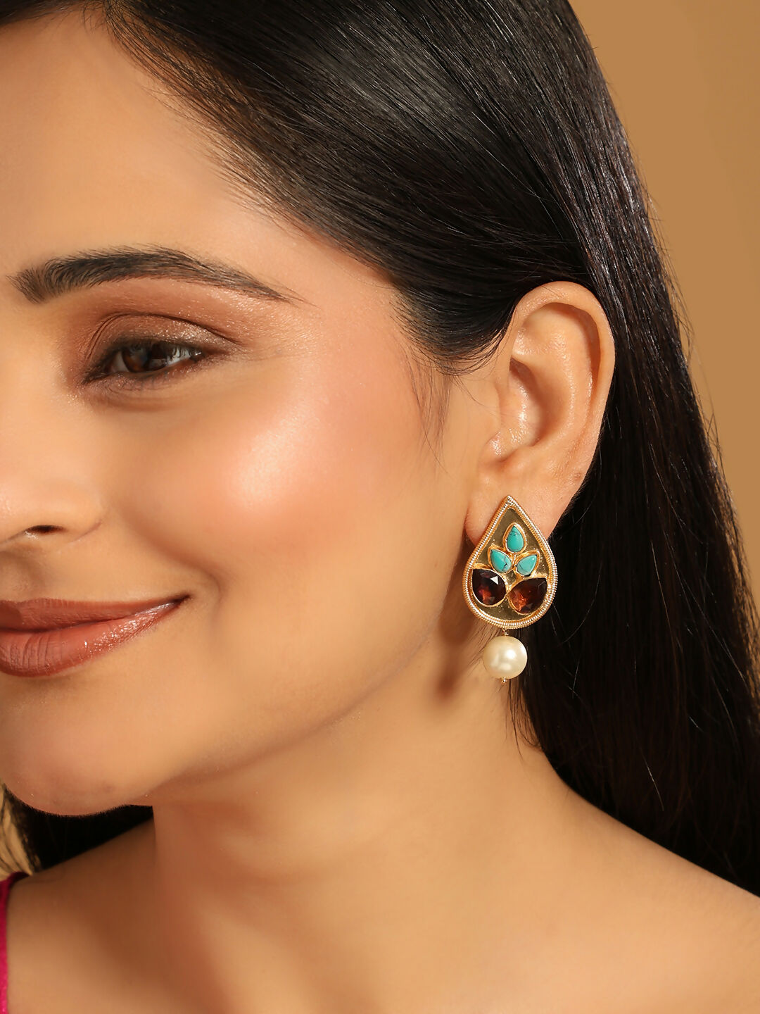 Nuyug 22K Gold Plated Faux Turquoise Stone Studded Contemporary Petal Shaped Pearl Drop Stud Earrings