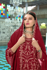 Thumbnail for Jyoti Fashion Women's Maroon Faux Georgette Heavy Embroidery and Moti Work Kurta Set - Distacart