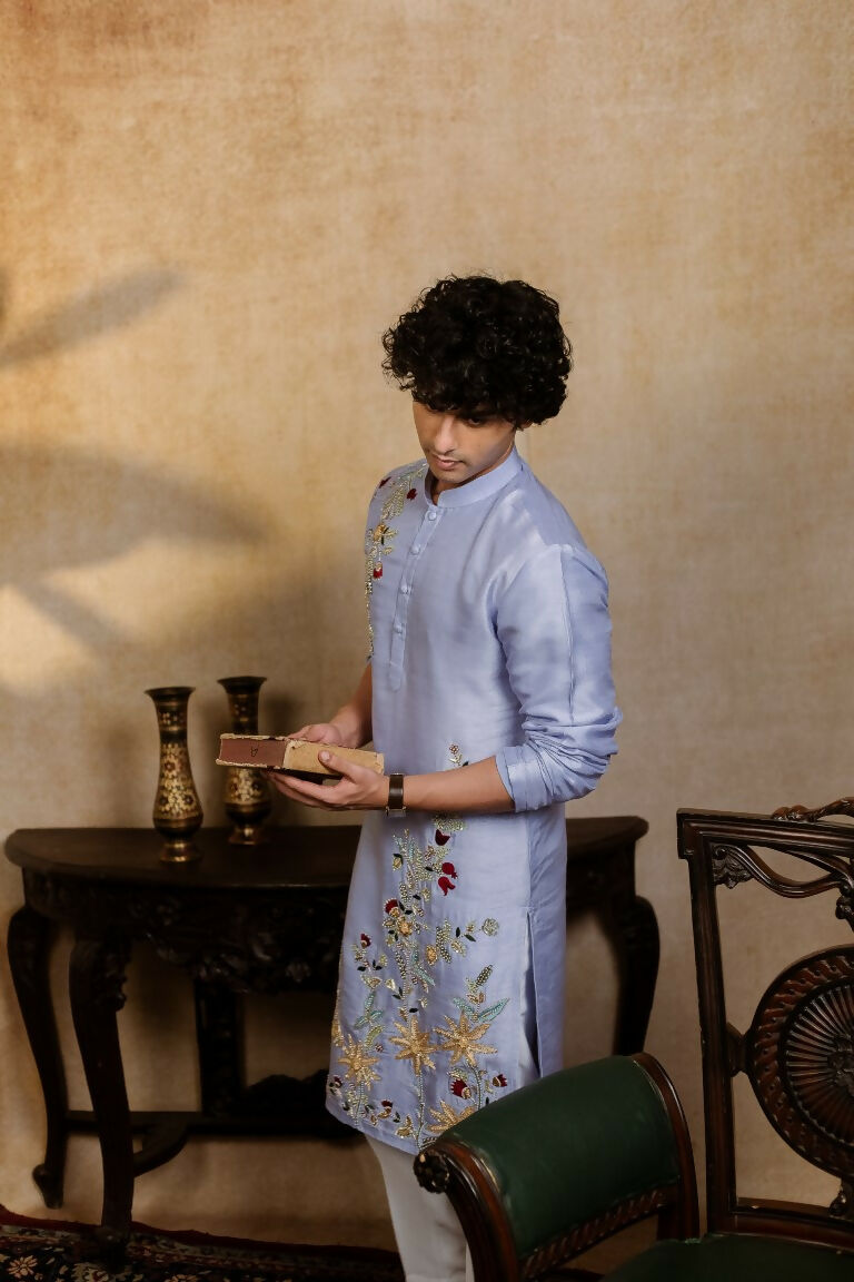 Falling Raw Silk Power Blue Botanical Bloom Kurta Set By Hilo Design