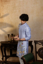 Thumbnail for Falling Raw Silk Power Blue Botanical Bloom Kurta Set By Hilo Design
