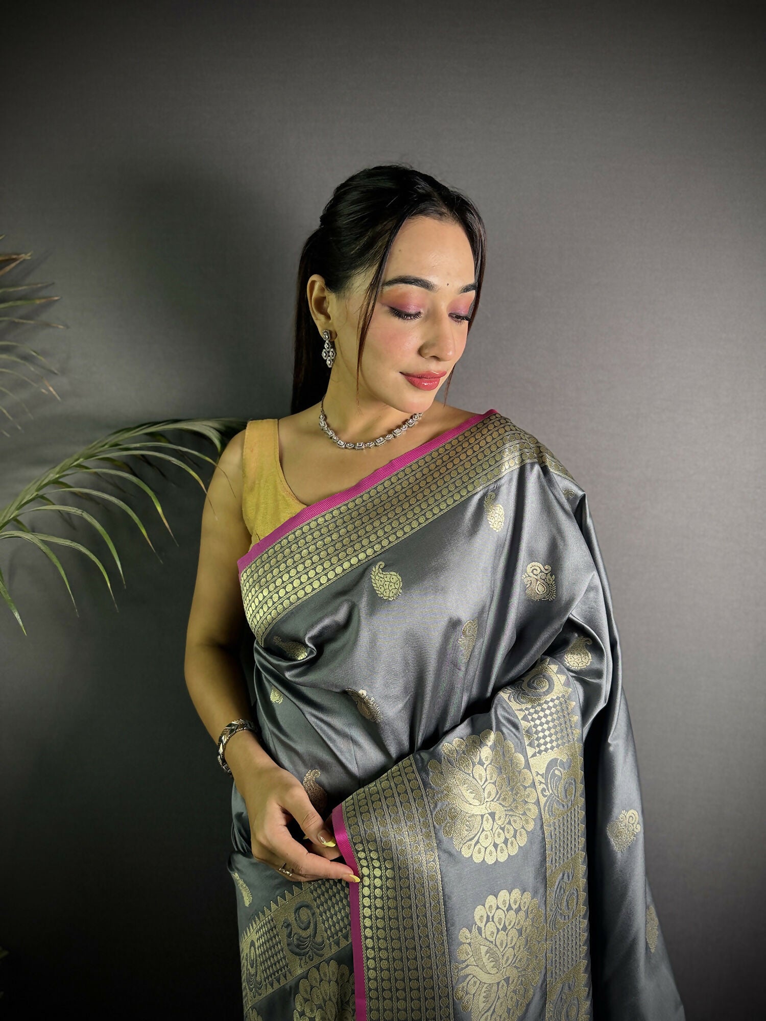 Joban Fashion Dark Grey Banarasi Soft Lichi Silk Paisley Saree