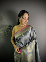 Thumbnail for Joban Fashion Dark Grey Banarasi Soft Lichi Silk Paisley Saree