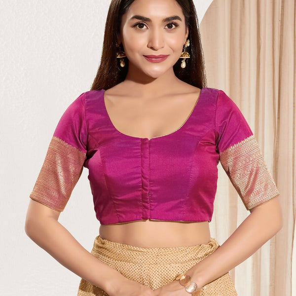 Joban Fashion Purple Taffeta Silk Padded Blouse With Round Neck Elbow Sleeves - Distacart