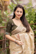 Thumbnail for Olive Pure Linen Ethnic Motifs Saree with Unstitched Blouse - Hiral Fashion - Distacart