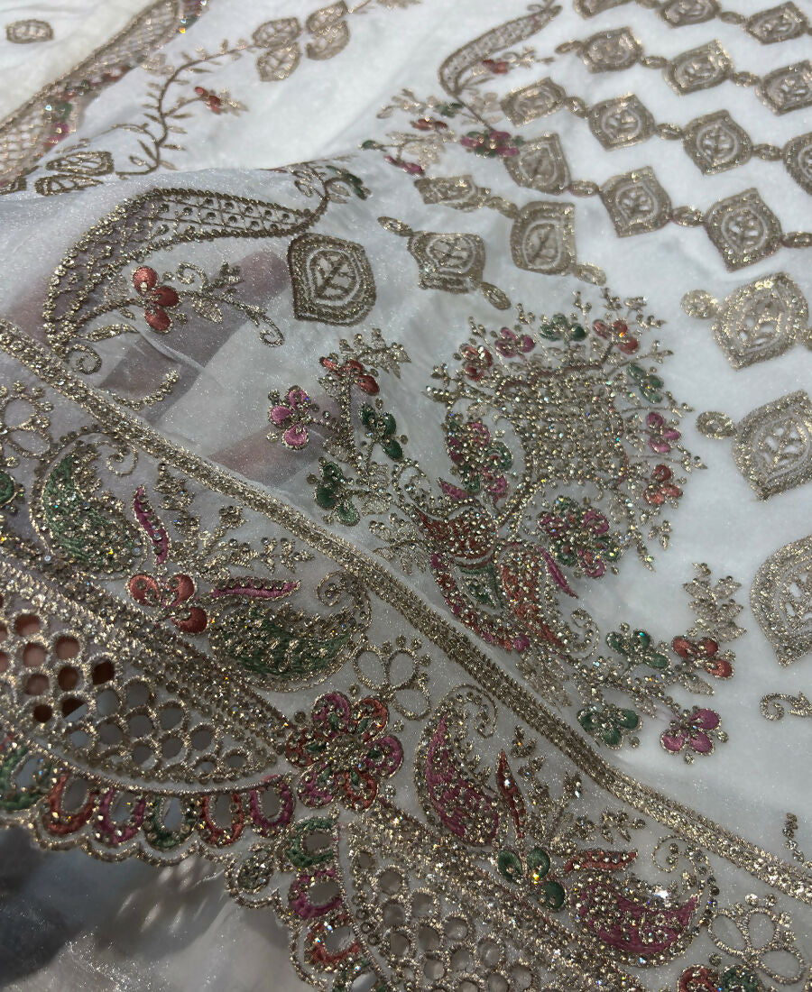 KC Heavy Embroidery Worked Two Ton Moss Silk White Suit For Women - Dista