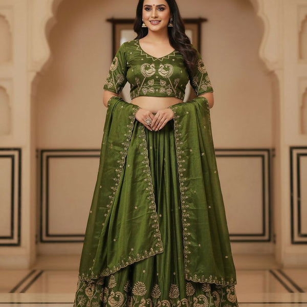 Teeya Creation New Womens Beautiful Fully Stitched Designer Lehenga Choli With Embroidered Dupatta - Mehendi - Dista