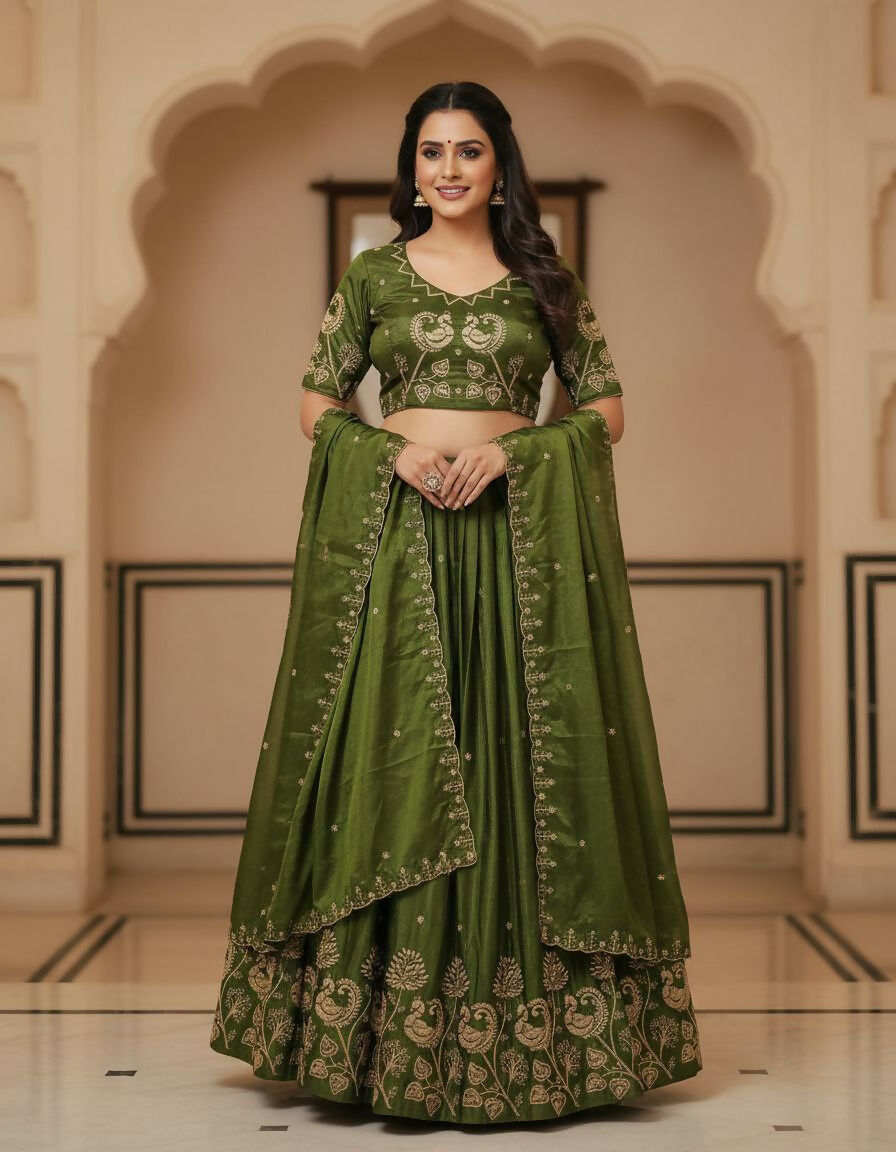 Teeya Creation New Womens Beautiful Fully Stitched Designer Lehenga Choli With Embroidered Dupatta - Mehendi - Dista