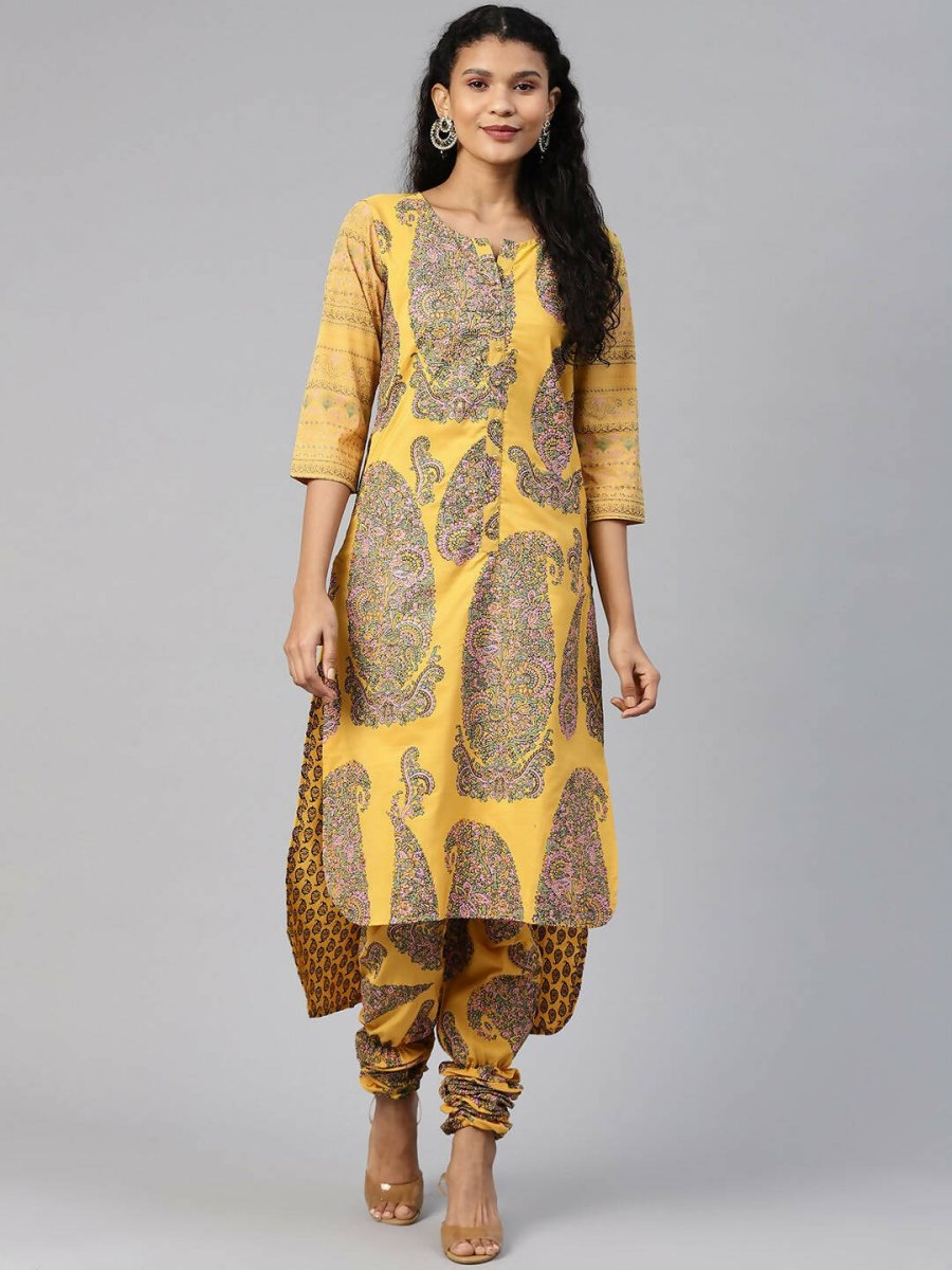 Ahalyaa Women Mustard Crepe Printed Kurta Churidar Set - Distacart