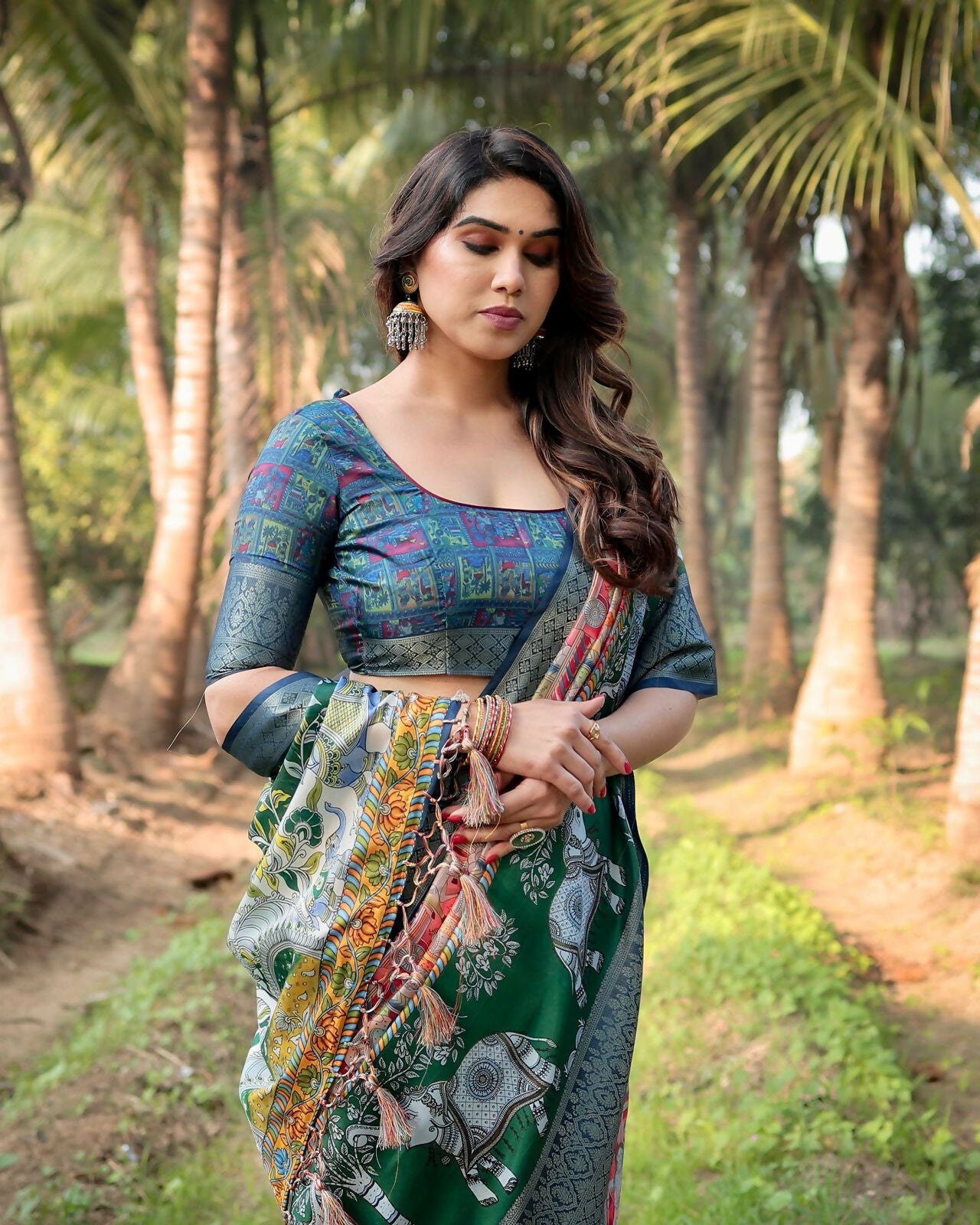 Preksha Creation Multicolor Wedding Premium Tussar Silk Kalamkari-Inspired Motifs Women Saree