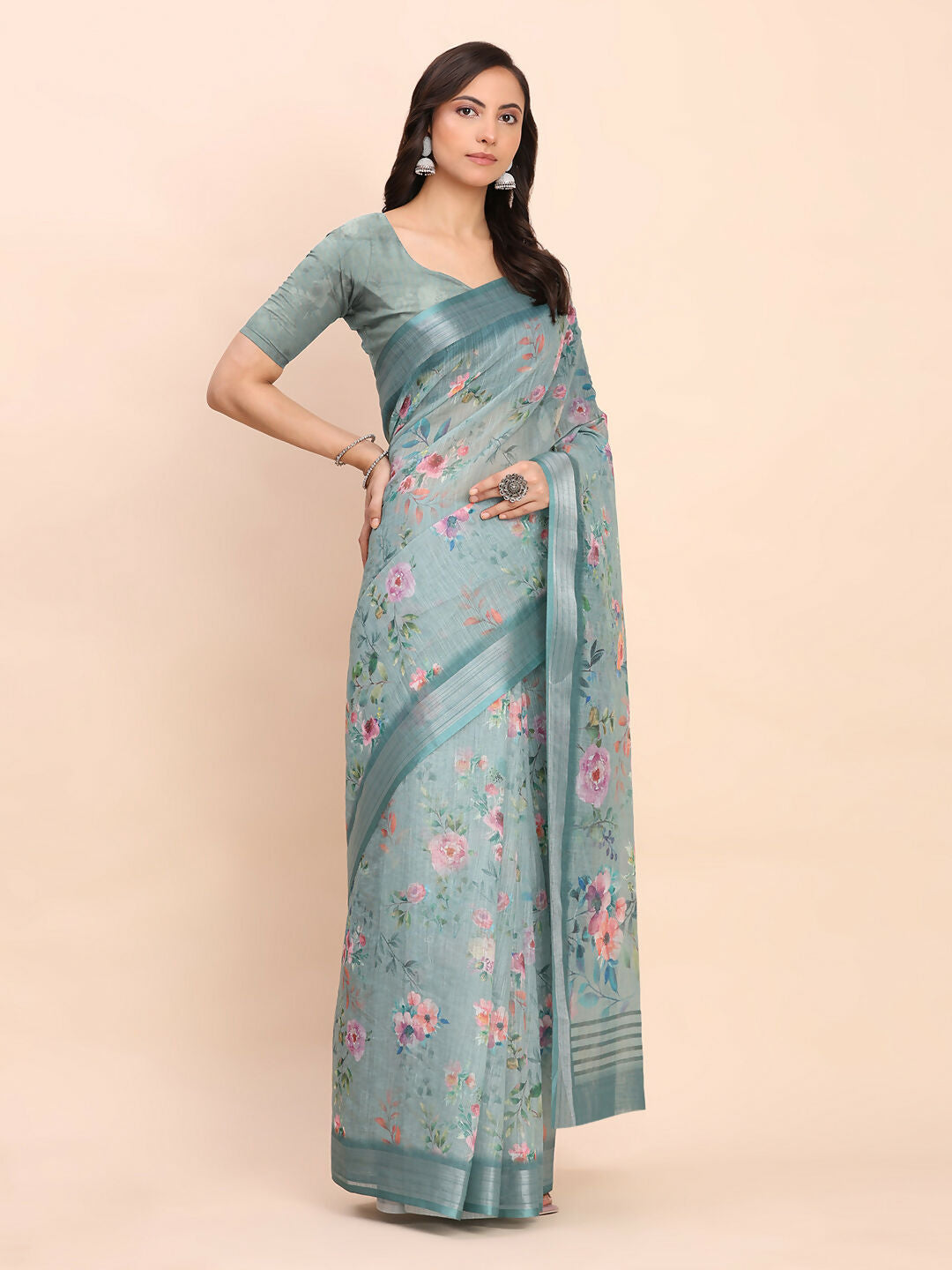 Astita Linen Cotton Sea Green Saree