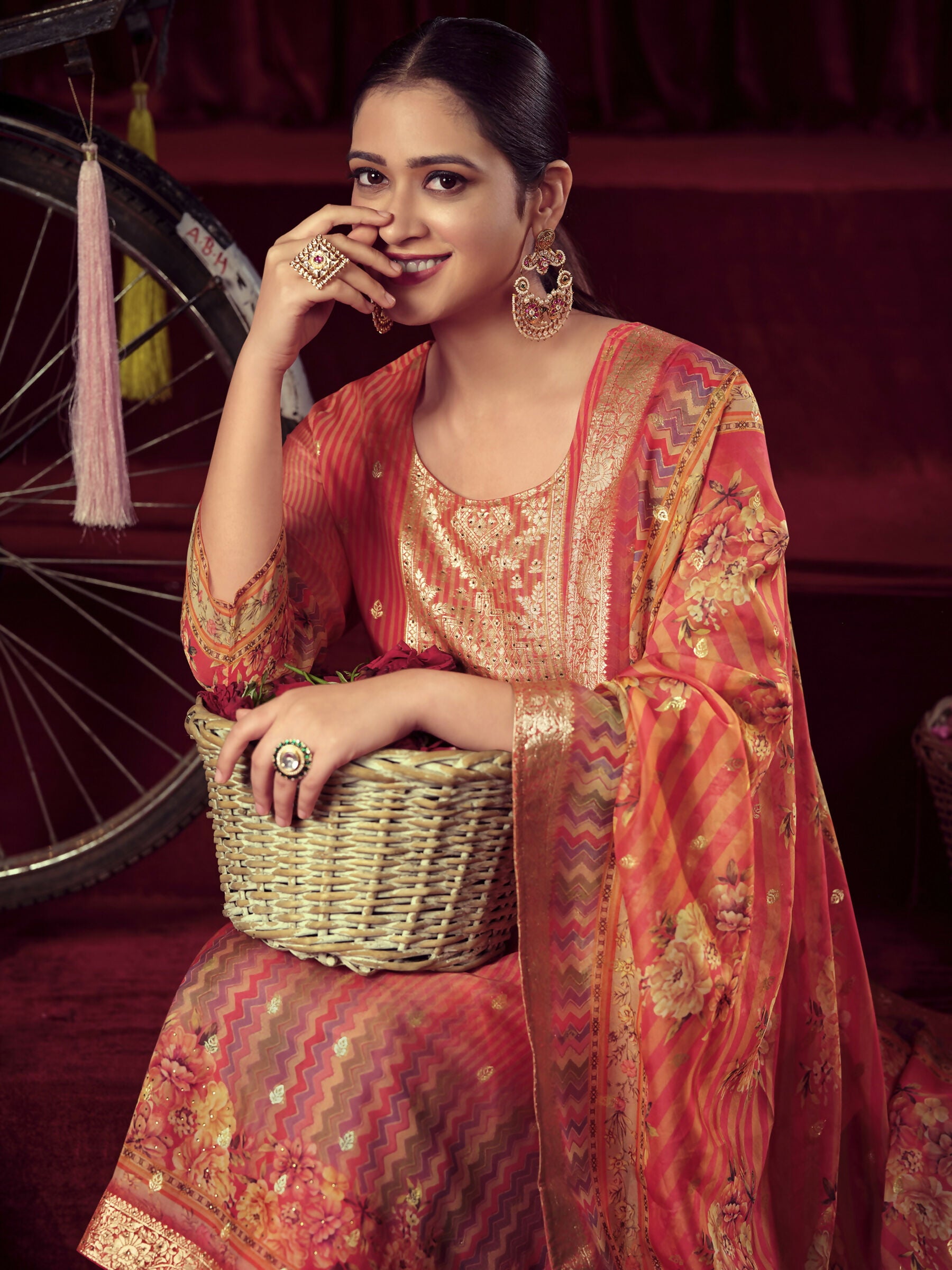 Jyoti Fashion Women's Orange Organza Jacquard Woven Kurta with Trouser & Dupatta - Distacart