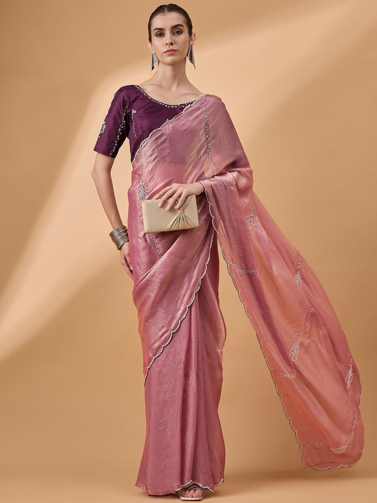 Pink Muslin Embroidered Saree with Unstitched Blouse Piece - Satya - Distacart