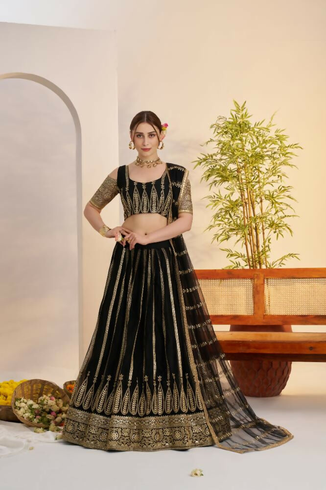 Aastha Fashion Black Butterfly Net Zari Work And Cotton Thread Work And Sequence Work Embroidery Wedding Wear Lehenga Choli - Distacart
