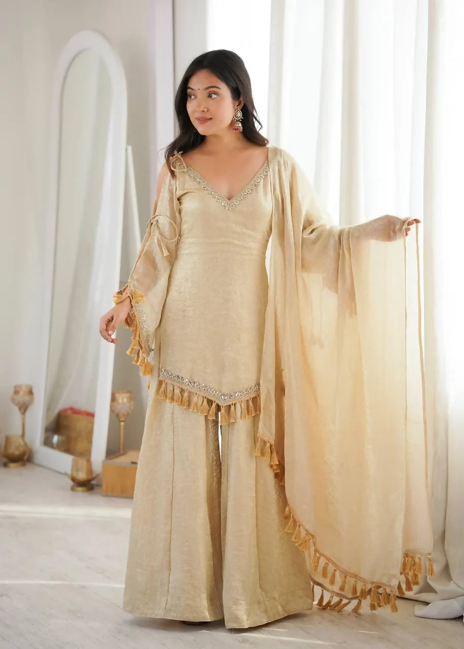 Teeya Creation Golden-Beige Silk Blend Sharara Suit with V-Neck and Tassels - Dista
