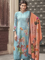 Thumbnail for Aastha Fashion Women's Sky Blue Velvet Floral Digital Printed Kurta with Trouser & Dupatta - Distacart