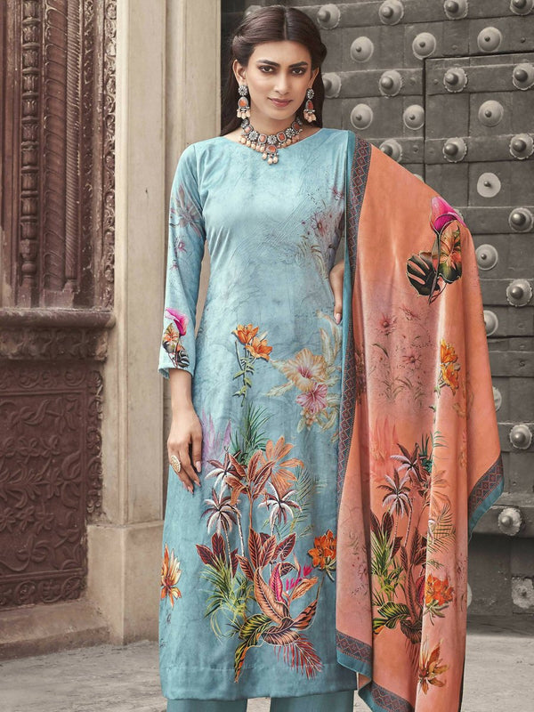 Aastha Fashion Women's Sky Blue Velvet Floral Digital Printed Kurta with Trouser & Dupatta - Distacart