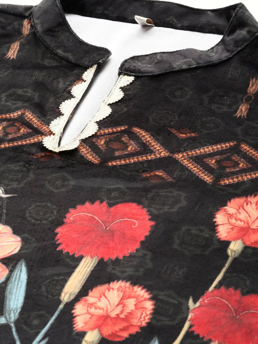 Ahalyaa Women Black & Red Floral Printed Gotta Patti Floral Velvet Kurta - Distacart